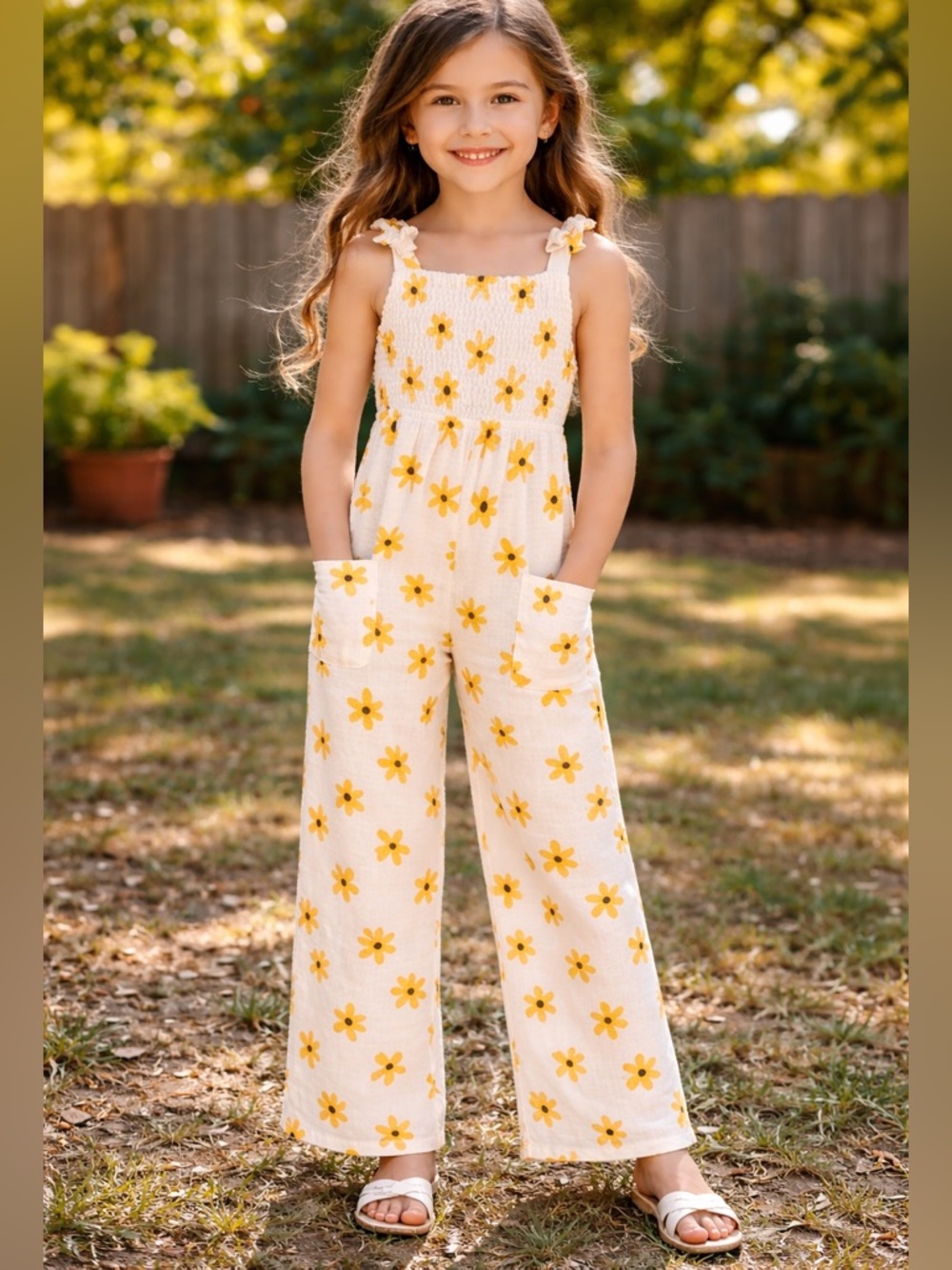 Paisley Lane Floral Daisy Print Jumpsuit Girls Size 8 🌼 Wide Leg w/ Pockets